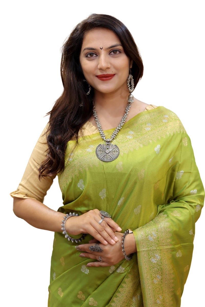 AMIRAT Women's Pure Kanjivaram Soft Silk Saree Banarasi Type With Blouse Piece (Parrot Green) - Image 1