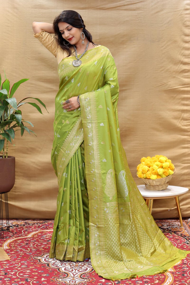 AMIRAT Women's Pure Kanjivaram Soft Silk Saree Banarasi Type With Blouse Piece (Parrot Green) - Image 4