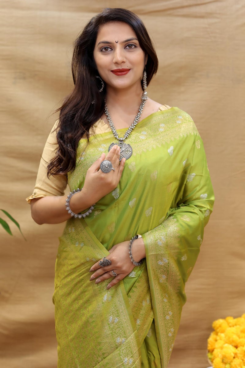 AMIRAT Women's Pure Kanjivaram Soft Silk Saree Banarasi Type With Blouse Piece (Parrot Green) - Image 5