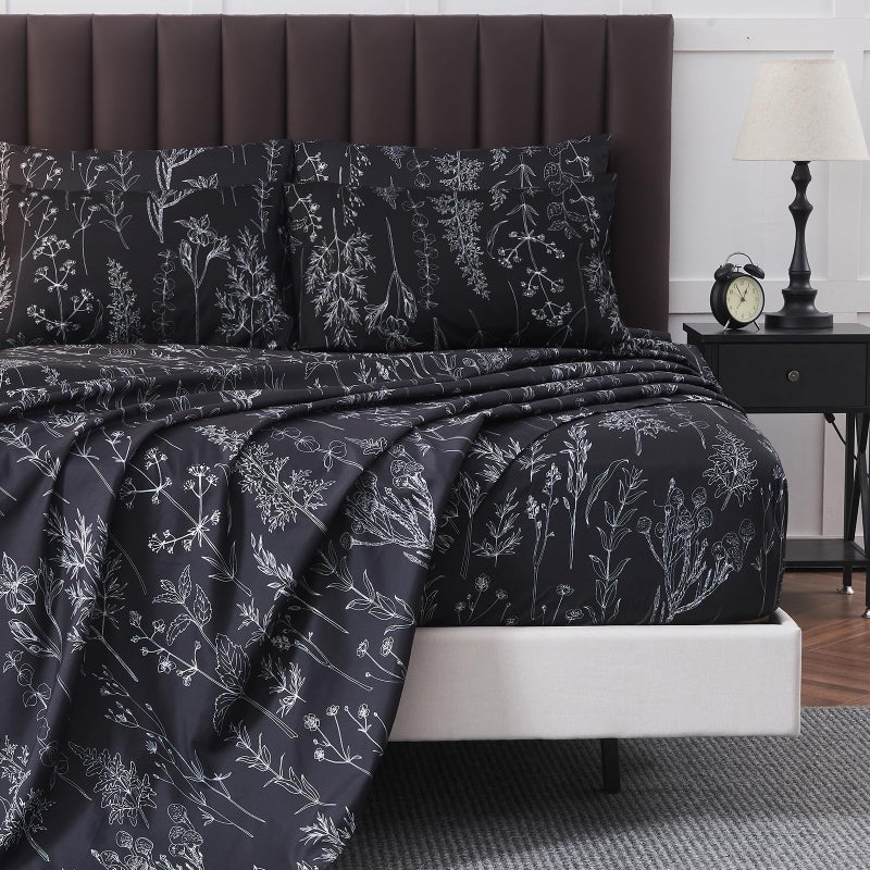 HYPREST 6 Piece King Size Sheets Set, Floral Sheets Black Patterned Sheets Deep Pocket up to 18 inches - Image 1