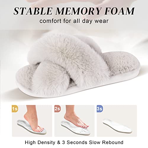 Parlovable Women's Fuzzy Slippers Comfy Cross Band House Shoes Memory Foam Open Toe Indoor Gifts for Ladies Light Grey 9-10 - Image 3