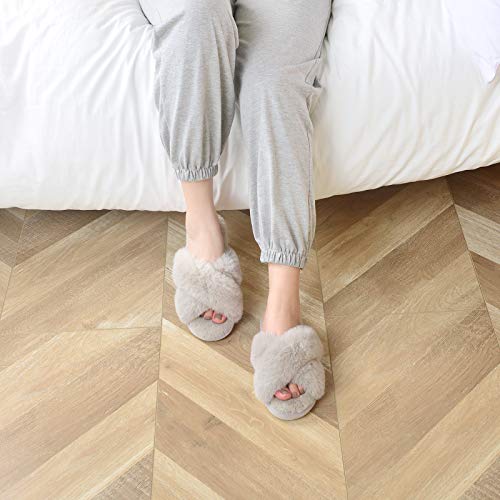 Parlovable Women's Fuzzy Slippers Comfy Cross Band House Shoes Memory Foam Open Toe Indoor Gifts for Ladies Light Grey 9-10 - Image 5