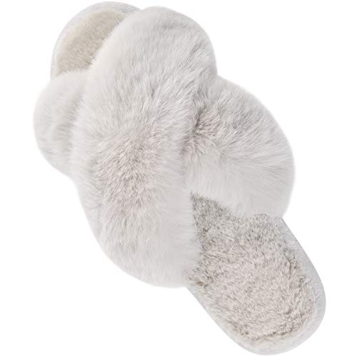 Parlovable Women's Fuzzy Slippers Comfy Cross Band House Shoes Memory Foam Open Toe Indoor Gifts for Ladies Light Grey 9-10 - Image 1