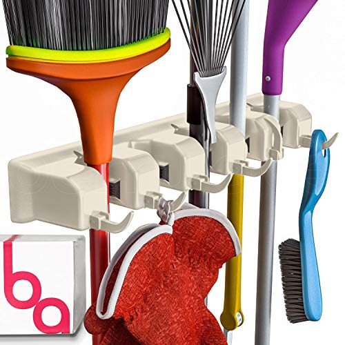 Berry Ave Broom Holder Wall Mount and Garden Tool Organizer, Closet Storage, Kitchen Rack, Home Organization and Garage Organizer for Rake or Mop Handles Up to 1.25-Inches, Hanger Plus 6 Hooks (BEIGE, 1 PACK) - Image 1