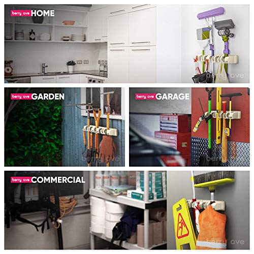 Berry Ave Broom Holder Wall Mount and Garden Tool Organizer, Closet Storage, Kitchen Rack, Home Organization and Garage Organizer for Rake or Mop Handles Up to 1.25-Inches, Hanger Plus 6 Hooks (BEIGE, 1 PACK) - Image 3