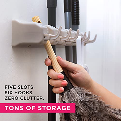 Berry Ave Broom Holder Wall Mount and Garden Tool Organizer, Closet Storage, Kitchen Rack, Home Organization and Garage Organizer for Rake or Mop Handles Up to 1.25-Inches, Hanger Plus 6 Hooks (BEIGE, 1 PACK) - Image 2