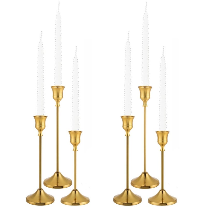 Tunyet Candlestick Holders, 6PCS Metal Taper Candle Holder, Candle Holders for Candlesticks, Candle Holder for Wedding Fireplace Mantel Housewarming Gift (Brass Gold, 6 PCS 6.5"X7.7"X8.9") - Image 1