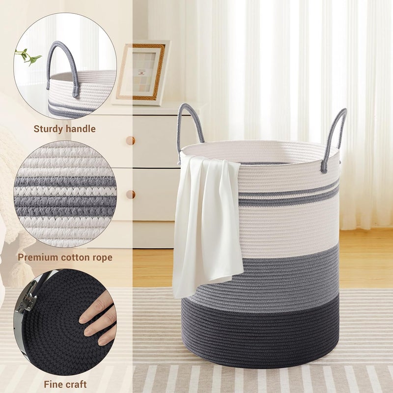 SunNewt Tall Laundry Basket with Handles, 58L Portable Dirty Clothes Hamper, Boho Cotton Rope Storage Bin for Blankets Kids Toys Gifts, Decorative Organizer for Nursery Bedroom Bathroom, Grey Striped - Image 3