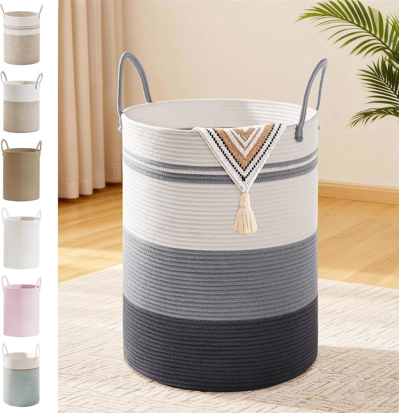 SunNewt Tall Laundry Basket with Handles, 58L Portable Dirty Clothes Hamper, Boho Cotton Rope Storage Bin for Blankets Kids Toys Gifts, Decorative Organizer for Nursery Bedroom Bathroom, Grey Striped - Image 1