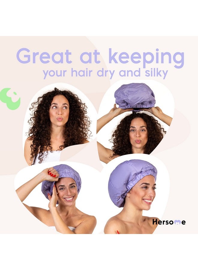 Hersome Premium Shower Cap For Women - 1000+ Showers, 100% Waterproof, Double-Sided, Large Shower Cap For Long Hair & Great For Curls (Anti-Frizz Terry Cloth Lining) (Lilac) - Image 2