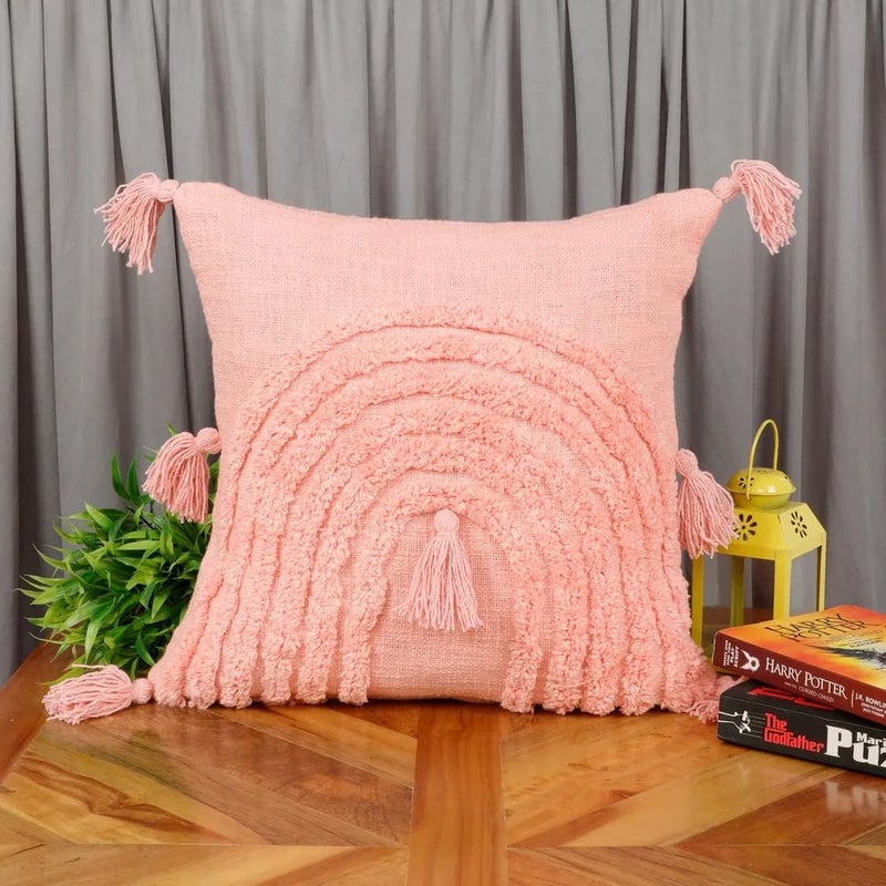 pepme pepme Tufted Cushion Cover Rainbow Shape Tassles Pink 16x16  - Image 1