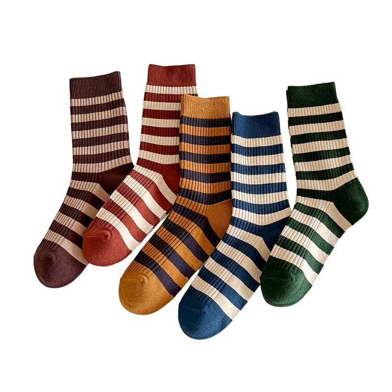 FORJMMP 5/10 Pairs Retro Style Colorful Striped Socks, Cute Athletic Crew socks for Women (5 Pairs-Set A) - Image 1