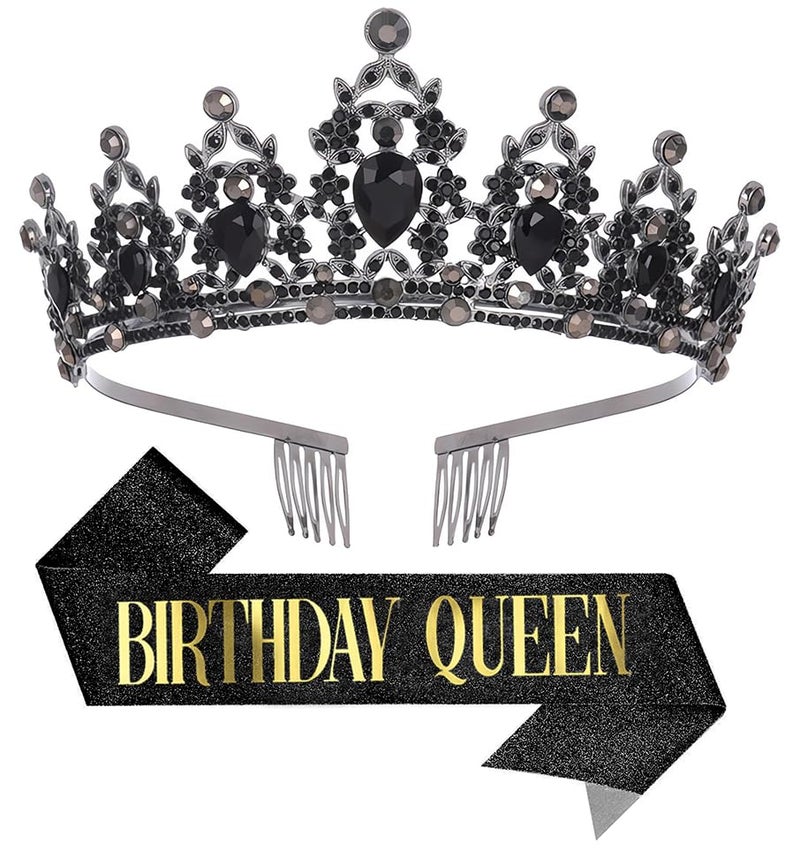 Papoopy Birthday Tiara Crown with Sash for Women, Headband Hair Accessories for Wedding Party Costume Black - Image 1
