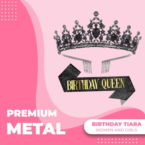 Papoopy Birthday Tiara Crown with Sash for Women, Headband Hair Accessories for Wedding Party Costume Black - Image 2