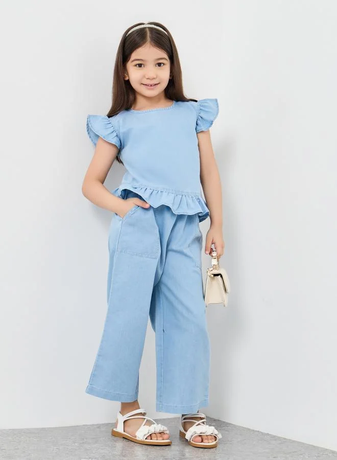 ستايلي Styli Ruffled Edge Denim Top and Pants Set
