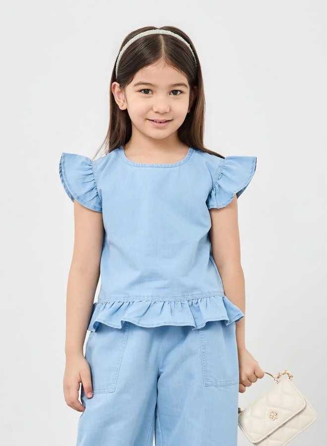 ستايلي Styli Ruffled Edge Denim Top and Pants Set