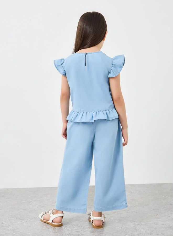 Styli Styli Ruffled Edge Denim Top and Pants Set