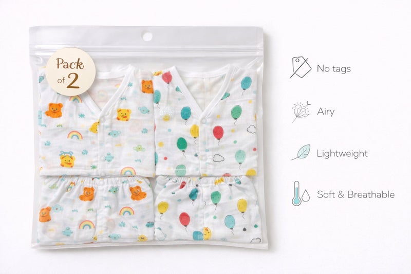 Pack of 2 - Baby Muslin Night Suit Set - Full Sleeve Shirt & Pajama, Soft Cotton Breathable Sleepwear - White Print (3-6 Months) - Image 3