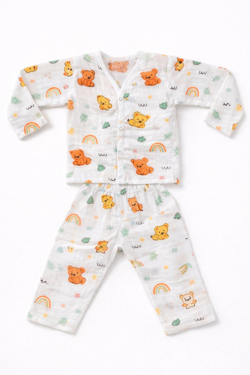 Pack of 2 - Baby Muslin Night Suit Set - Full Sleeve Shirt & Pajama, Soft Cotton Breathable Sleepwear - White Print (3-6 Months) - Image 2