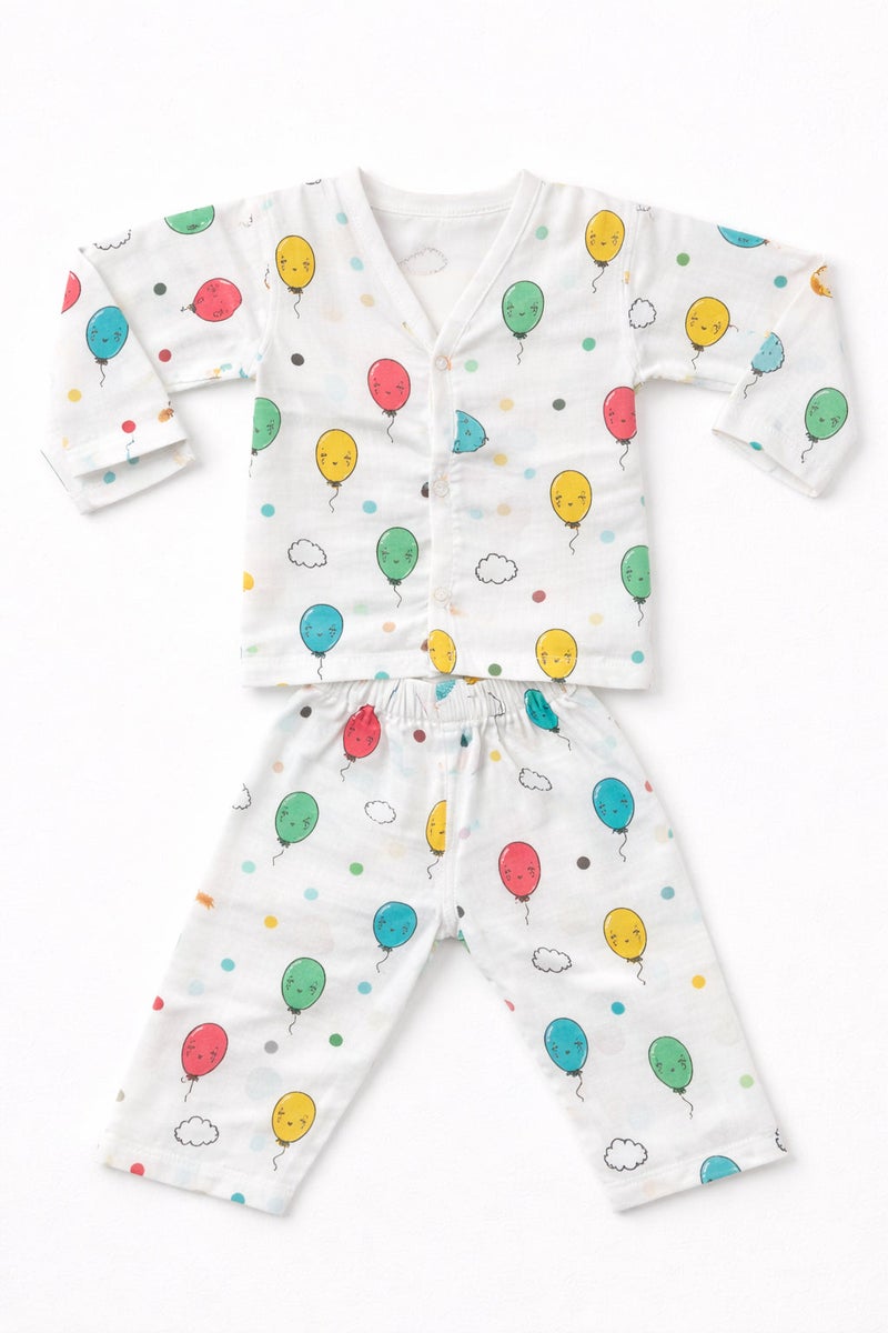 Pack of 2 - Baby Muslin Night Suit Set - Full Sleeve Shirt & Pajama, Soft Cotton Breathable Sleepwear - White Print (3-6 Months) - Image 1