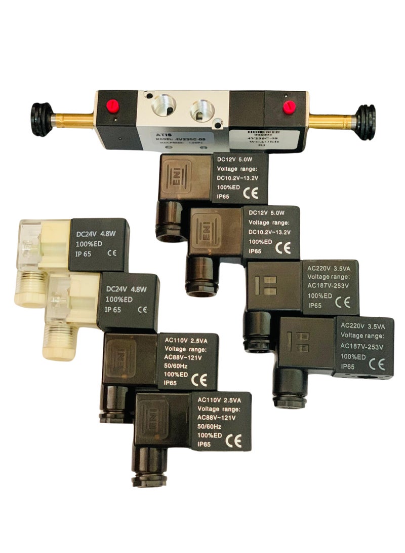 4V230C-08 5/3" Mid Position Closed 1/4" Pneumatic Solenoid Valve AC 220V / AC 110V / AC 24V / DC 24V  - Image 1
