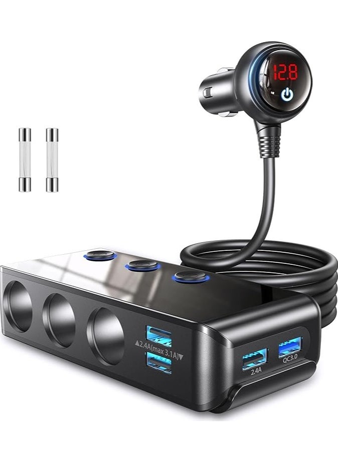 General Adapter Splitter, 180W12V/24V 3-Socket Power Splitter DC Outlet with 8.5A 4 USB Ports Multifunction Car Charger, LED Display Voltage, QUICK CHARGE 3.0[Upgraded Version]On Off Switch  - Image 1