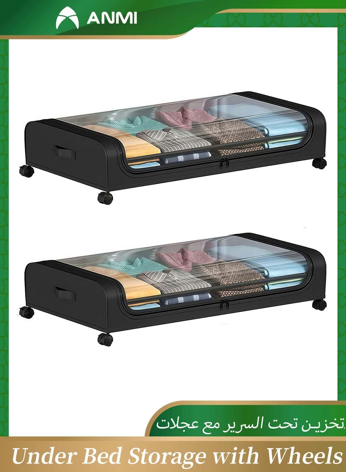 2PCS Under Bed Storage with Wheels, 50L under the bed storage Organizer with Clear Lids , Rolling Drawers Bins for Clothes,Shoes,Toys(Black)