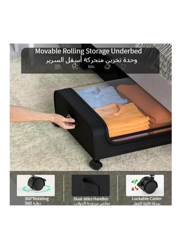 2PCS Under Bed Storage with Wheels, 50L under the bed storage Organizer with Clear Lids , Rolling Drawers Bins for Clothes,Shoes,Toys(Black)