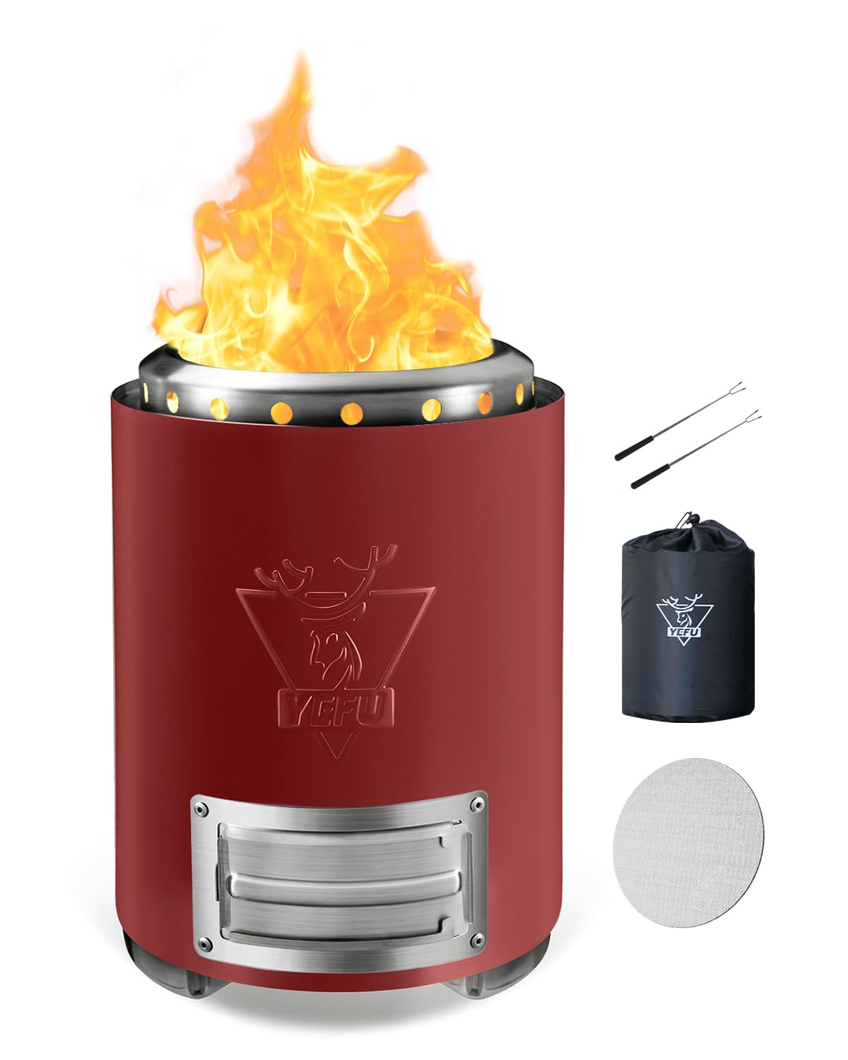 YEFU Tabletop Fire Pit 9.7 x 7.1 in, Flame Intensity Control Camping Stove for Outdoor & Patio, Fueled by Pellets or Wood, Safe Burning Table Top Firepit, with Travel Bag & 2 Mini Sticks, Red
