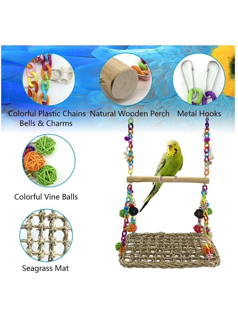 Seagrass Bird Swing with Wooden Perch for Lovebirds, Cockatiels, Budgies, and Conures - Climbing Hammock and Chewing Toy - Image 3