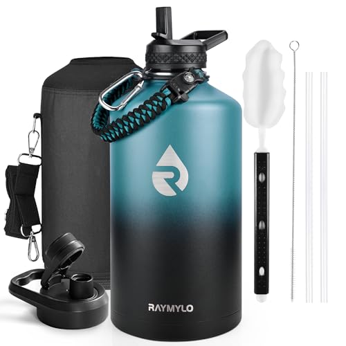 RAYMYLO One Gallon Water Bottle Insulated Triple Walled Vacuum Stainless Steel Cold for 48 Hrs Leak Proof  NonBPA Large Water Flask Jug with Paracord Handle  Straw Spout Lids
