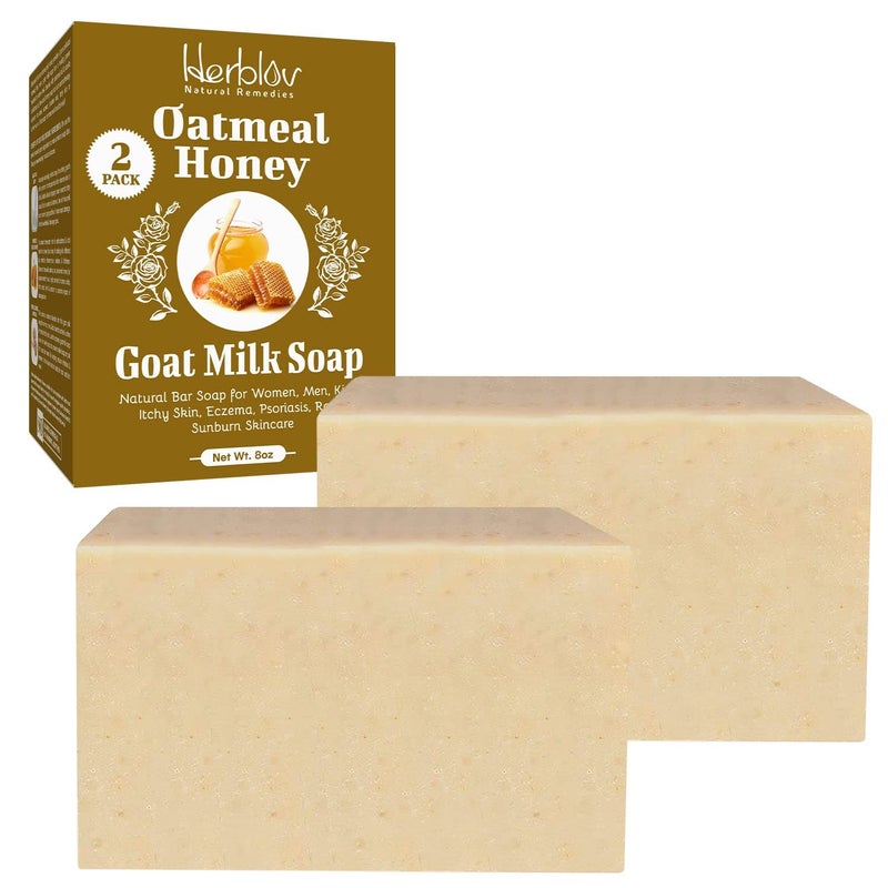 Herblov Oatmeal Honey Goat's Milk Soap Bar 4 oz â€“ Natural Bar Soap for Women, Men, Kids, Itchy Skin, Eczema, Psoriasis, Rash, Sunburn Skincare â€“ Calming Colloidal Oatmeal Face Cleanser & Body Wash (2 Pack) - Image 1