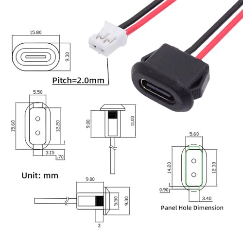 xiwai 5pcs/Set DIY OEM Type C Female Socket to 2Pin Header Cable Type-C to 2P Waterproof Terminal Wire with Pitch=2.0mm Latch Mount Type USB C Pigtail DC 5V Extension Power Cable - Image 2