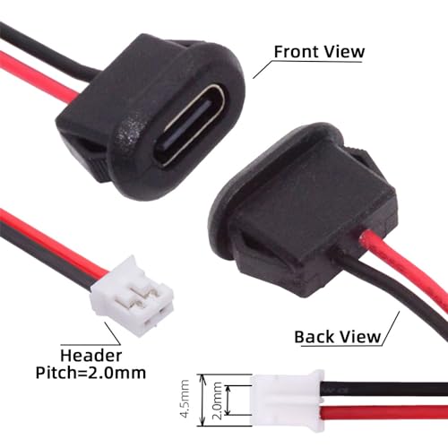 xiwai 5pcs/Set DIY OEM Type C Female Socket to 2Pin Header Cable Type-C to 2P Waterproof Terminal Wire with Pitch=2.0mm Latch Mount Type USB C Pigtail DC 5V Extension Power Cable - Image 3