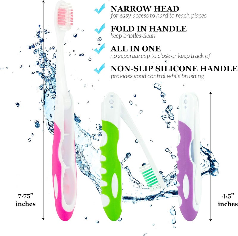 Lingito Folding Toothbrush, Built-in Cover, Travel Size for Hiking, Camping, Traveling - 3 Pack Soft-Multicolor - Image 2