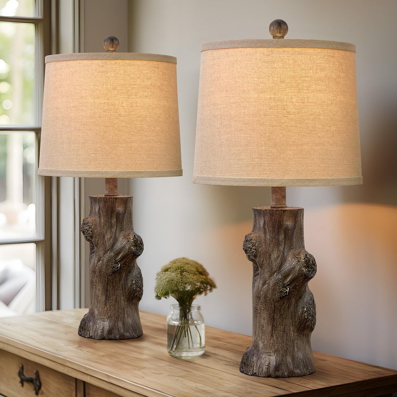 OYEARS 23"Resin Table Lamps for Living Room Set of 2 Country Cottage Farmhouse Lamp for Bedroom Tree Trunk Wood Grain with Oatmeal Fabric Round Shade Vintage Rustic Traditional Nightstand Bedside Lamp - Image 2