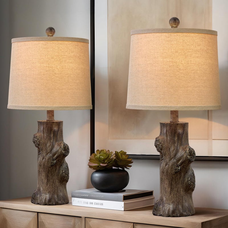 OYEARS 23"Resin Table Lamps for Living Room Set of 2 Country Cottage Farmhouse Lamp for Bedroom Tree Trunk Wood Grain with Oatmeal Fabric Round Shade Vintage Rustic Traditional Nightstand Bedside Lamp - Image 1