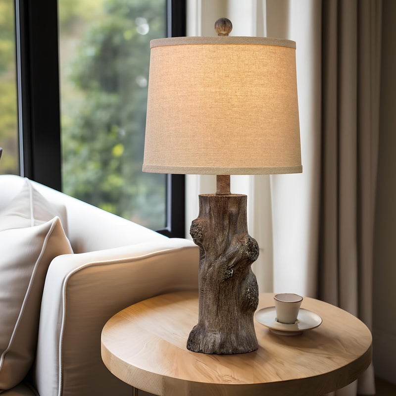 OYEARS 23"Resin Table Lamps for Living Room Set of 2 Country Cottage Farmhouse Lamp for Bedroom Tree Trunk Wood Grain with Oatmeal Fabric Round Shade Vintage Rustic Traditional Nightstand Bedside Lamp - Image 3