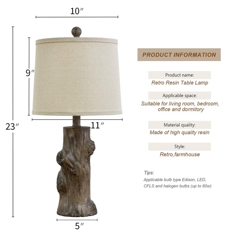 OYEARS 23"Resin Table Lamps for Living Room Set of 2 Country Cottage Farmhouse Lamp for Bedroom Tree Trunk Wood Grain with Oatmeal Fabric Round Shade Vintage Rustic Traditional Nightstand Bedside Lamp - Image 5
