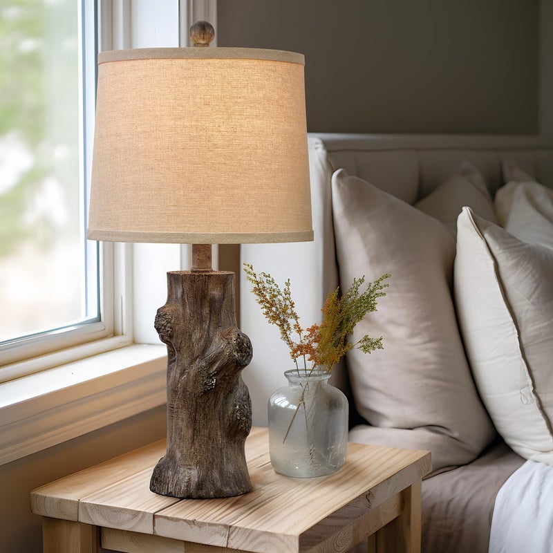 OYEARS 23"Resin Table Lamps for Living Room Set of 2 Country Cottage Farmhouse Lamp for Bedroom Tree Trunk Wood Grain with Oatmeal Fabric Round Shade Vintage Rustic Traditional Nightstand Bedside Lamp - Image 4