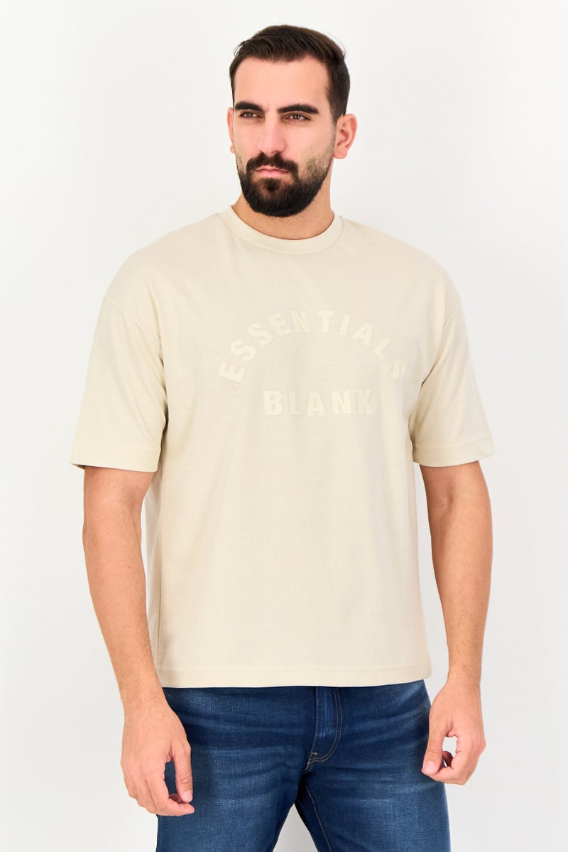 Blank Essentials Men Crew Neck Short Sleeve Brand Logo T-Shirt, Beige - Image 1