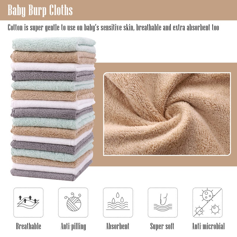 Cute Castle Ultra-Soft Baby Washcloths, 16 Pack - 9" by 9", Gentle on Sensitive Skin for Face and Body, Plush, Super Absorbent Wash Clothes for Girls and Boys,White+Brown+Grey+Sage Green - Image 2