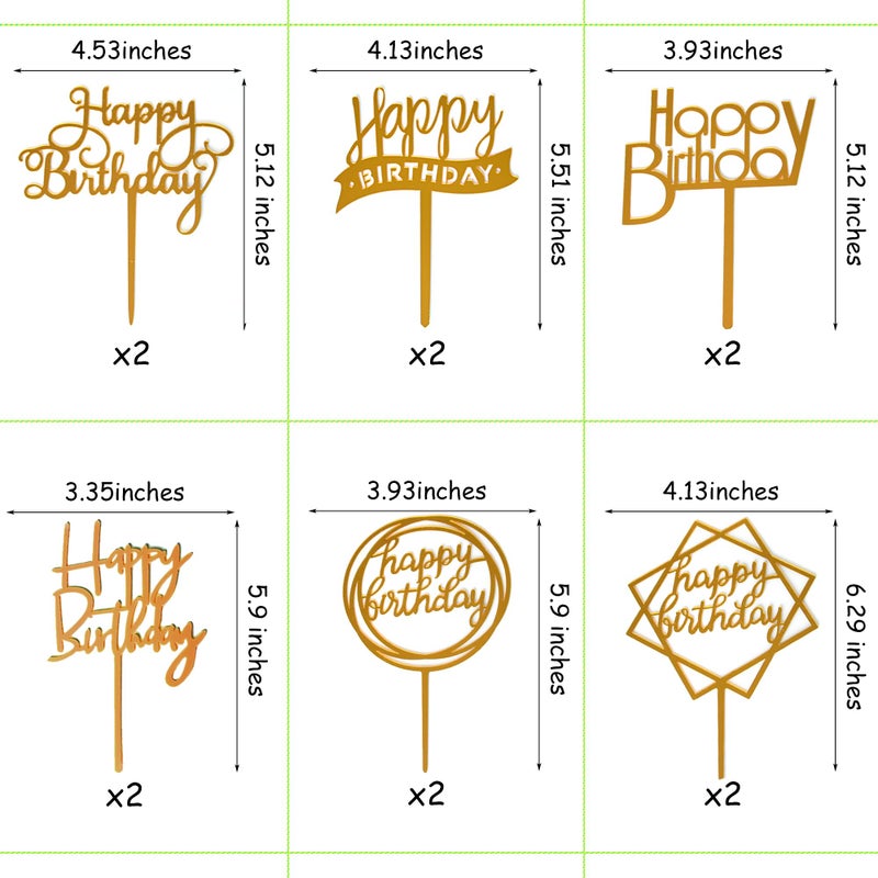 Chewarelly 12 Pack Multi Styles Birthday Cake Topper Set, Acrylic Cake Bunting Decor Birthday Cake Picks Party Decorations Supplies(Gold) - Image 2