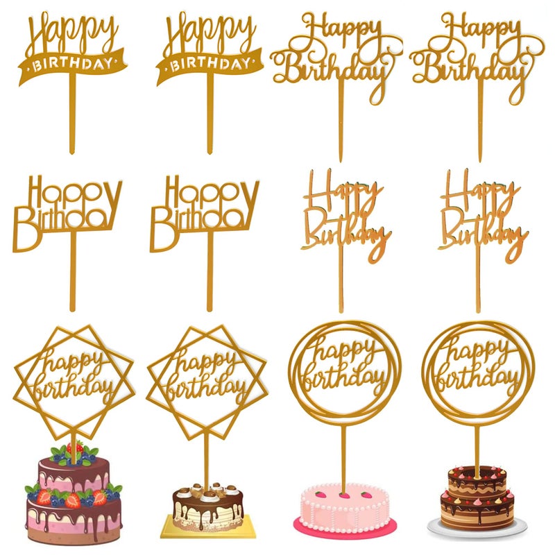 Chewarelly 12 Pack Multi Styles Birthday Cake Topper Set, Acrylic Cake Bunting Decor Birthday Cake Picks Party Decorations Supplies(Gold) - Image 1