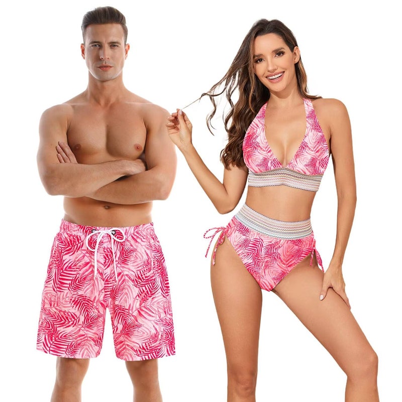 SINBRLAI Couples Matching Swimwear Swimsuit,Women Two Piece Bathing Suit Bikini Set Mens Swimtrunks Couples Sold indivually Pink - Image 1