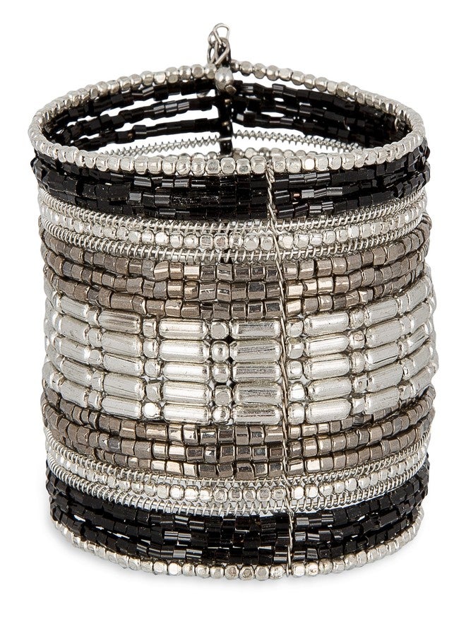SPUNKYsoul Cuff Bracelets for Women Collection - Adjustable, Stylish Boho Inspired Beaded Bracelets, Trendy Stackable Beads, Ideal for Everyday Wear & Special Occasions (Silver, Black) - Image 1