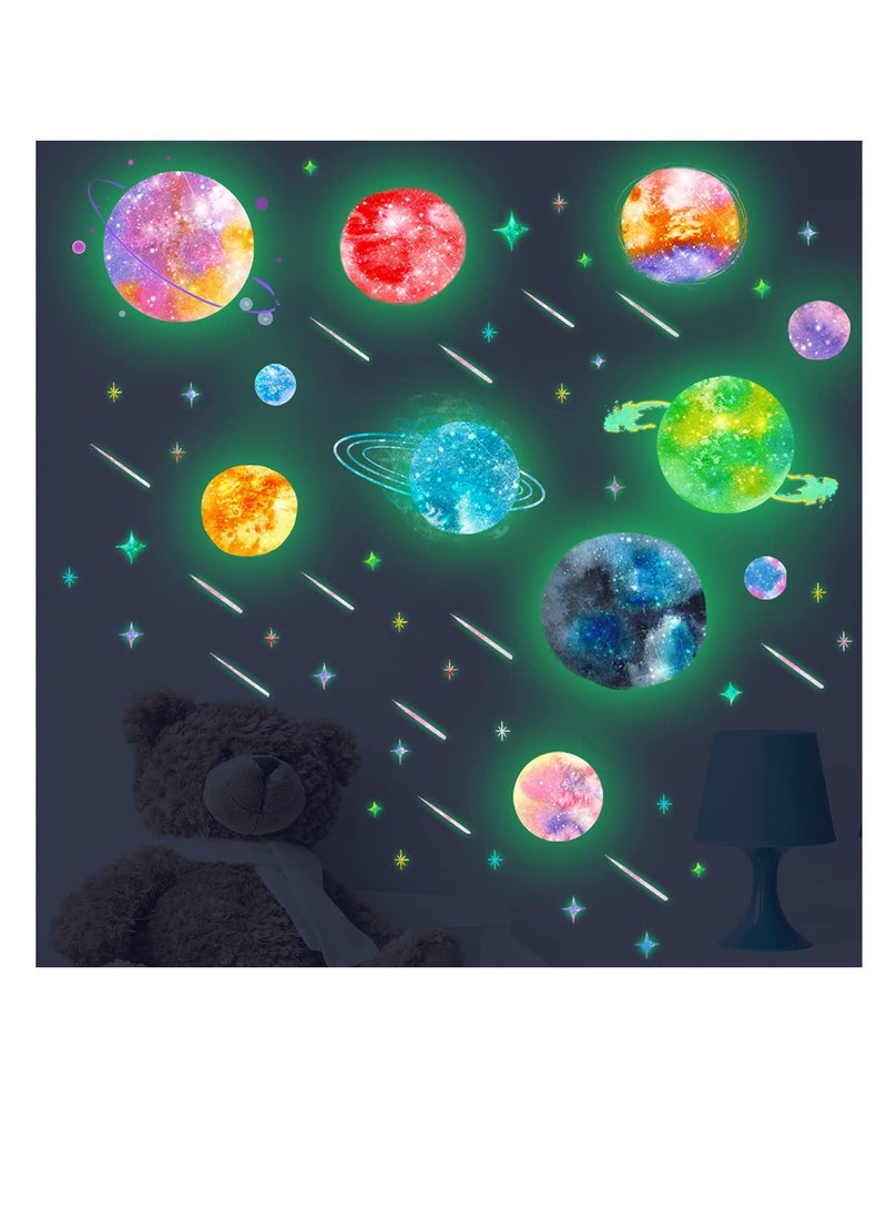 Excefore ملصقات حائط مضيئة في الظلام على شكل نظام شمسي للسقف، ملصقات حائط ملونة على شكل كواكب ونجوم لغرف نوم الأطفال وديكور الحضانة - Image 1