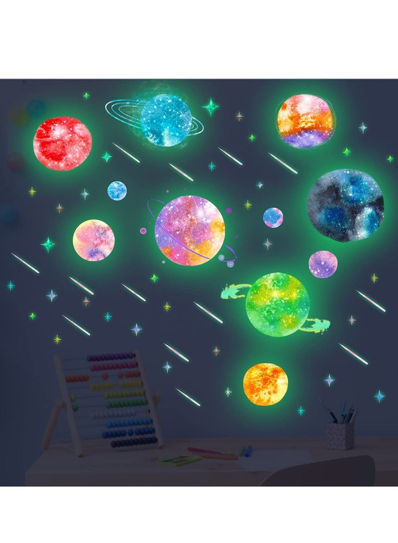 Excefore ملصقات حائط مضيئة في الظلام على شكل نظام شمسي للسقف، ملصقات حائط ملونة على شكل كواكب ونجوم لغرف نوم الأطفال وديكور الحضانة - Image 2