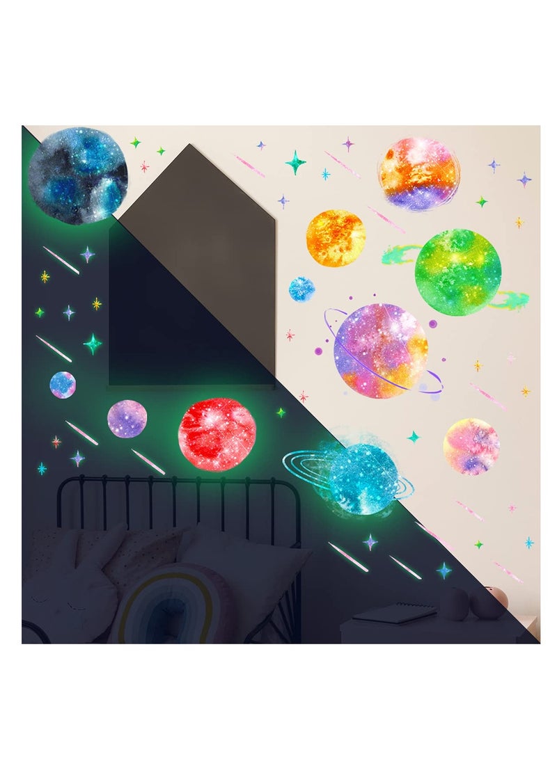 Excefore ملصقات حائط مضيئة في الظلام على شكل نظام شمسي للسقف، ملصقات حائط ملونة على شكل كواكب ونجوم لغرف نوم الأطفال وديكور الحضانة - Image 3