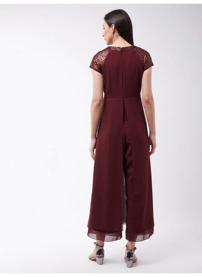 Miss Chase - Miss Chase Women's Wine Solid Regular Length Round Neck Short Sleeves Embellished Jumpsuit (MCSS21D04-65-184-03, Wine, S) - Image 1